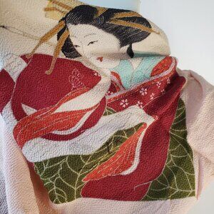 Vintage Japanese Geisha Silky Pink Red Rayon Scarf textured 23"